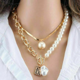 Boho Double Layer Pendant Necklace Pearl Choker Chain Women Jewellery
