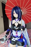 AotumeDoll 155cm Cカップ M3-1 シリコンヘッド＋TPEボディ、黄泉コスプレのアニメドールが赤い和傘と武器を手にした華やかな立ち姿