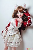 Elsababe 140cm 巨乳 RAD021 水城理沙、白い猫耳と花柄トップ、フリルスカートと赤いアームカバーを合わせて立つ全身ショット