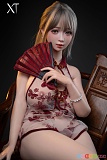 XTDOLL 153cm Iカップ Mina ラブドール、赤い刺繍衣装で扇子を持つ椅子座りの上半身