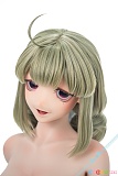 Kiradols 155cm Dカップ Himari ラブドール、灰緑色の巻き髪と紫色の瞳を写した裸身の顔アップ