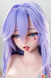 160cm Gカップ ダッチワイフ 香都里奈 Kiradols、青い瞳と紫色前髪を写した顔の接写