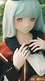 二次元ドール Kiradols 紬 155cm Dカップ、ミント色ロングヘアと赤黒襟の顔周り接写