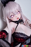 Elsababe 浅香萌里 148cm 巨乳 アニメドール、銀髪に手を添えたハート柄の瞳の顔アップ