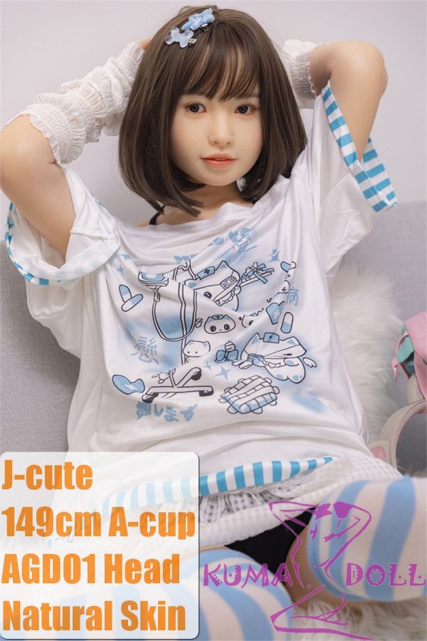 J-cute Doll Full Silicone Love Doll 149cm/4ft9 A-cup with Silicone Head AGD01 with new body makeup  Blue White T shirt