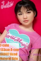 J-cute Doll TPE Material Love Doll  133cm AA-cup with Silicone Head AGD07 with Pink and Blue T-Shirt
