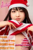 J Cute 149cm A-cup silicone doll dressed in a red and white striped bikini with a festive Santa hat