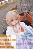 127cm MLW Aya silicone doll wearing a light blue hanfu with floral embroidery and a white fur cape, sitting gracefully outdoors