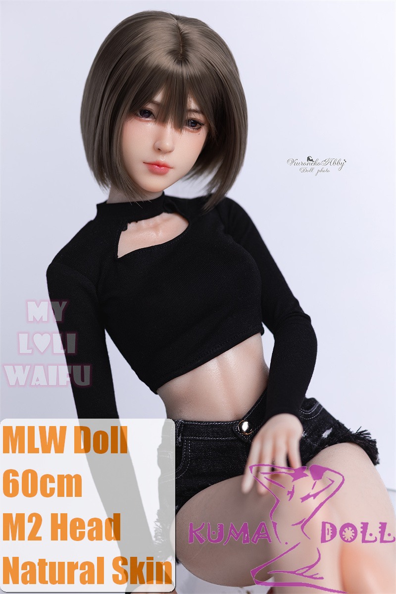 MLW M2 head  Mini Doll 60cm High-grade silicone material love doll normal breast  mini doll sexable Natural Skin Black Hair in Black Tight Top