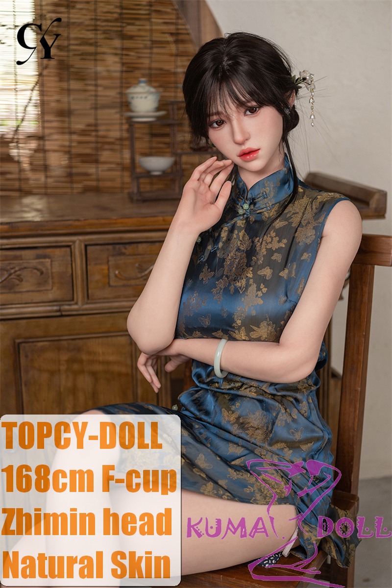 TOP-CYDOLL 168cm F-Cup Zhimin Head Full Silicone Doll in Deep Blue Qipao Dress