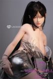Full body view of LACE DOLL H-cup sex doll in silver metallic outfit