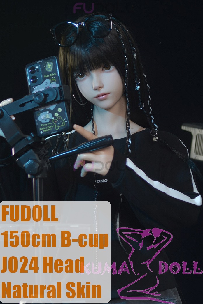 FUDOLL Sex Doll #24 Head with Oral Function 150cm/4ft9 B-cup High-grade Silicone Head +  Silicone Body in Black T-Shirt Live Stream Look