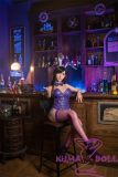 Full-body view of 167cm silicone doll dressed as Tifa in a purple bunny suit at the bar