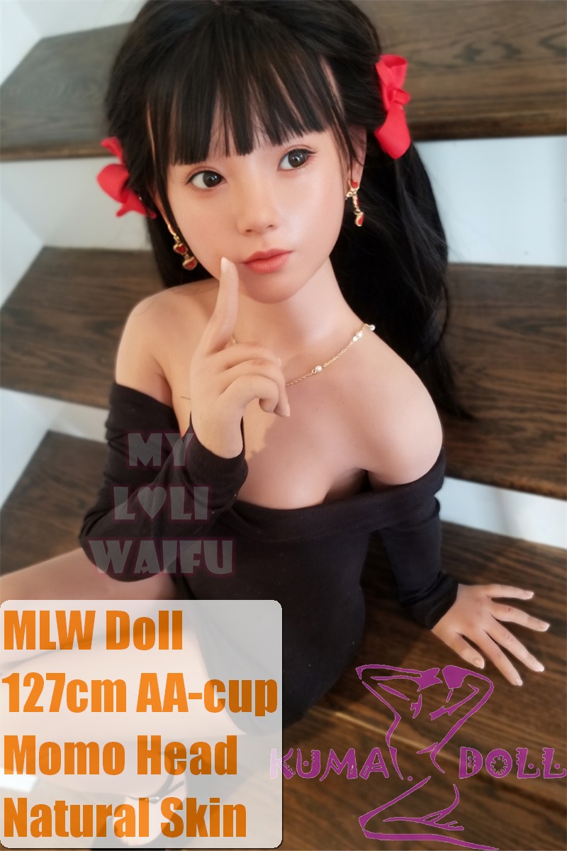 MLW Doll Full Silicone Sex Doll 127cm AA-cup Momo Head Wearing a Tight Black Dress, Sitting on Stairs