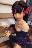 MLW Doll Full Silicone Sex Doll 127cm AA-cup Momo Head Wearing a Tight Black Dress, Sitting on Stairs