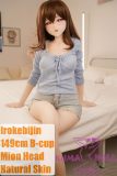 149cm Irokebijin sex doll with Mion head wearing a blue top and shorts