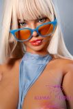 Realistic Lisa head sex doll wearing orange sunglasses and tight blue outfit
