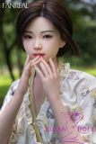 Close-up of oriental beauty sex doll with delicate features and realistic hands