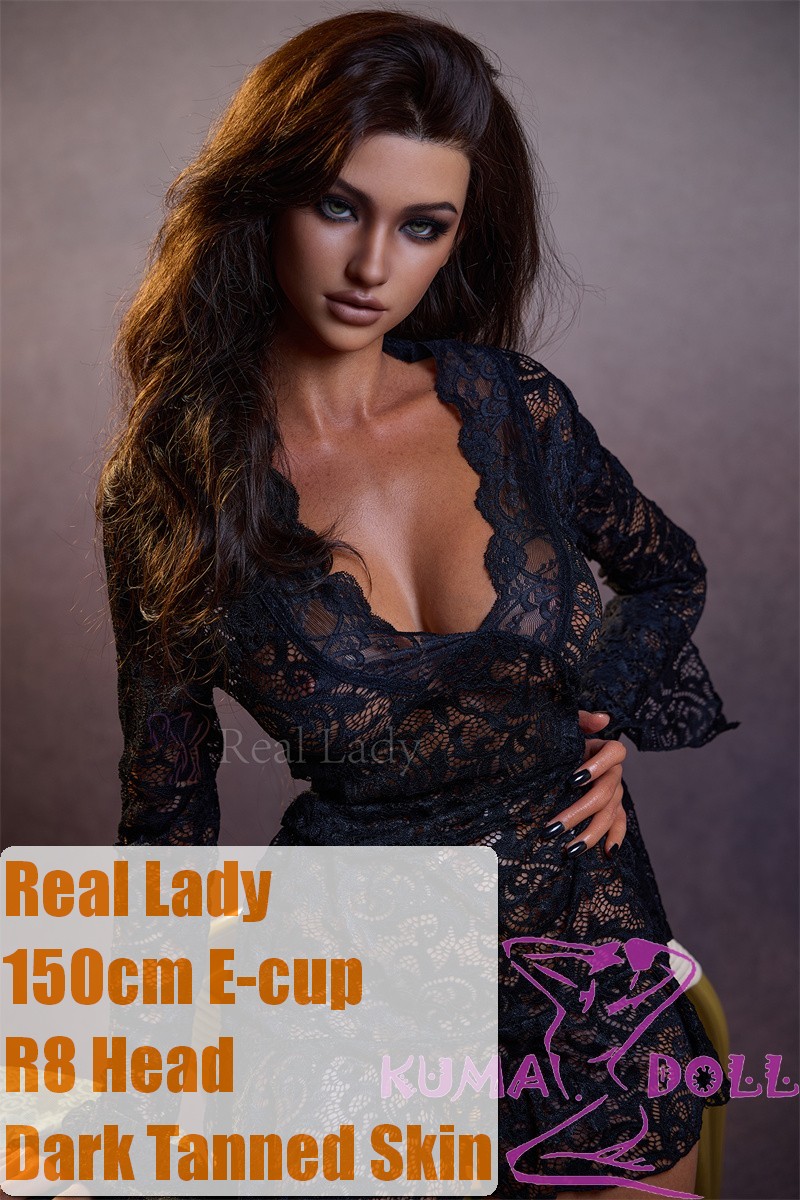 Real Lady Full Silicone Sex Doll 150cm E-cup Dark Tanned Skin R8 Head in Sexy Black Lace Dress
