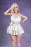 Realistic blonde silicone doll standing view