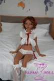Real Girl 135cm A63 Head AA-cup Full Silicone Brown Skin Petite Girl Sex Doll in White Dress