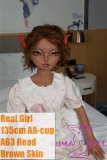 Real Girl 135cm A63 Head AA-cup Full Silicone Brown Skin Petite Girl Sex Doll in White Dress