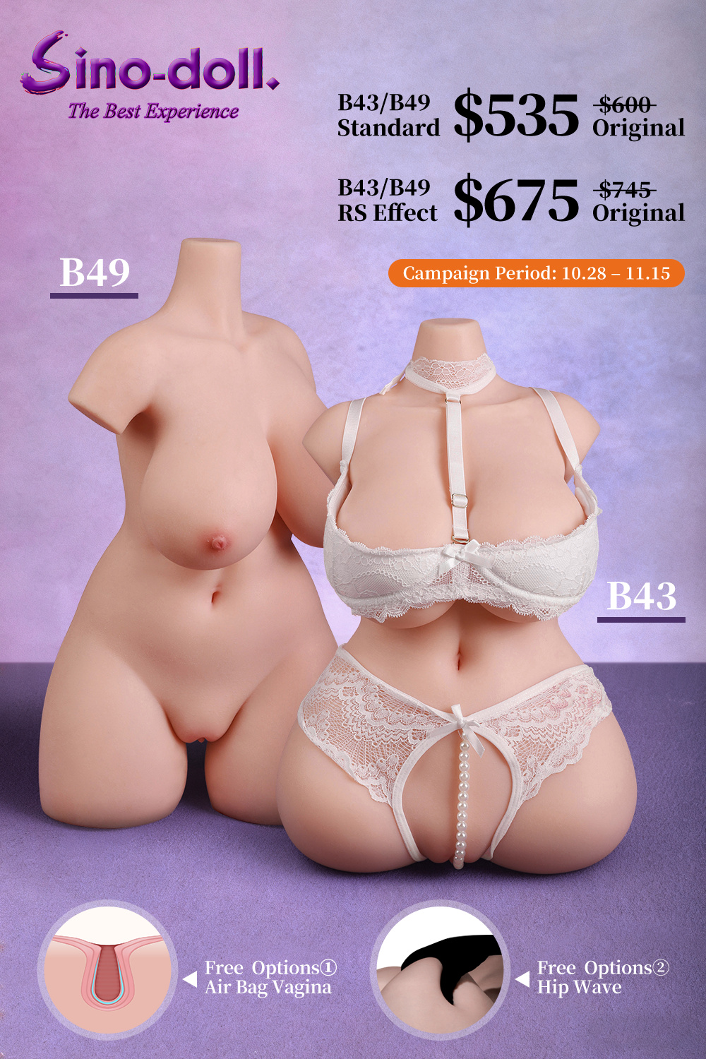 【2025.10.28-11.25】Sino doll New Release B49&B43 E-cup Without HeadHalf Body Doll 10% off Promotion Page