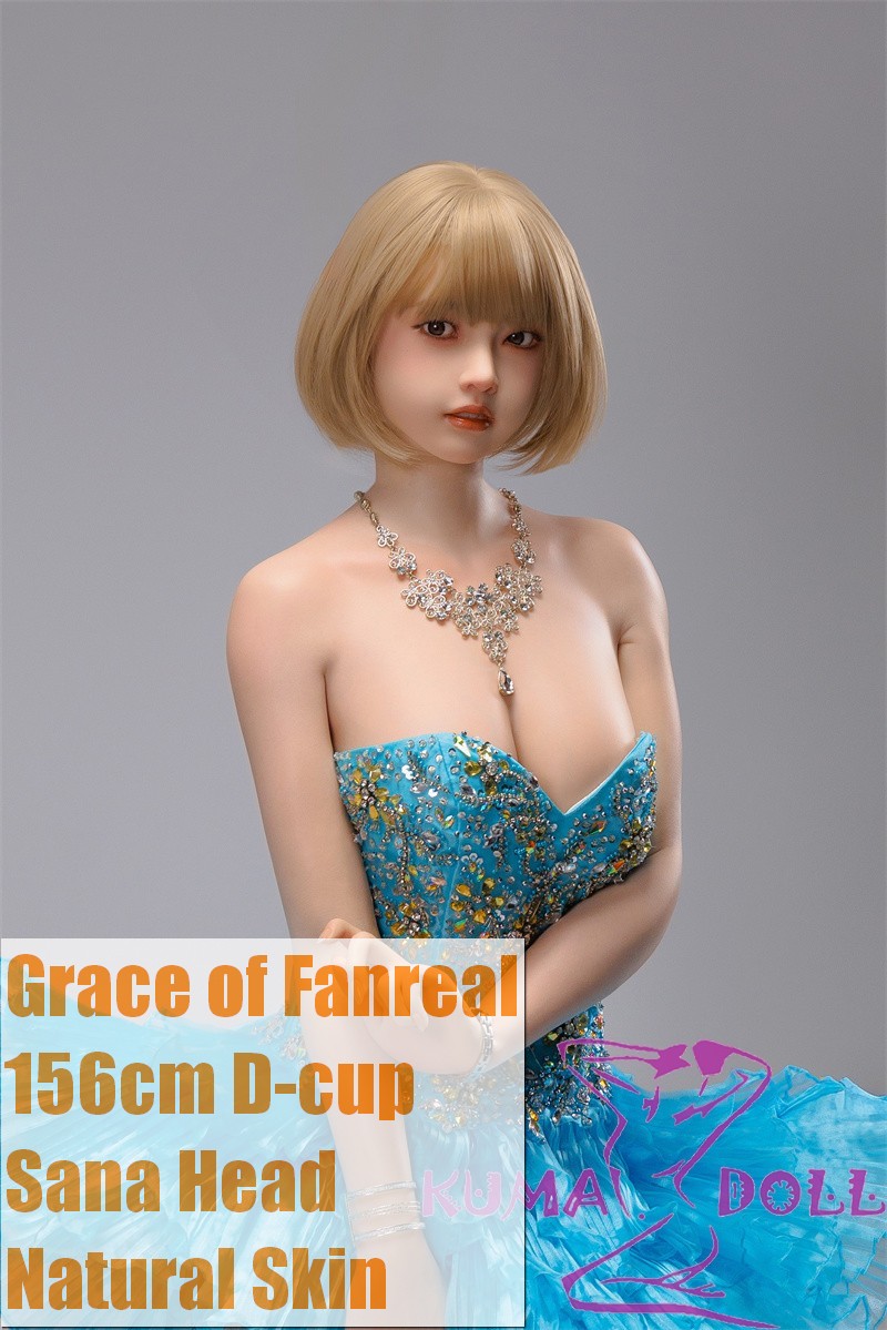GRACE OF FANREAL Full Silicone Sex Doll 156cm D-cup Sana Head Actress Makeup in Blue Short Evening Dress