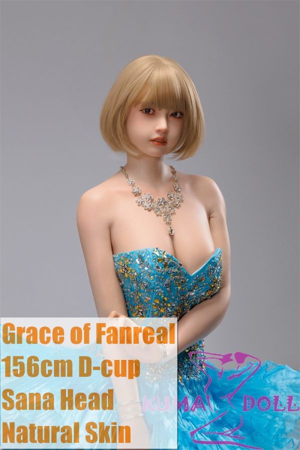 GRACE OF FANREAL Full Silicone Sex Doll 156cm D-cup Sana Head Actress Makeup in Blue Short Evening Dress