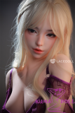 Close-up of Qingji head on the Lace Doll 160cm C-cup silicone sex doll with blonde hair and delicate anime-style makeup.
