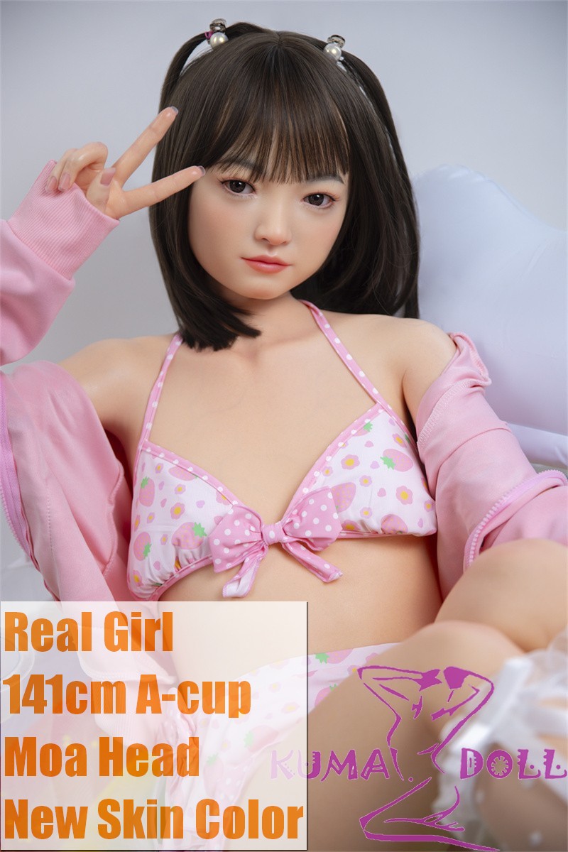 Real Girl 141cm A-Cup Moa Head Full Silicone Doll Adult Love Doll in Pink Strawberry Swimsuit