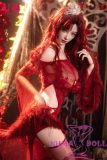 UNEEDOLL 158cm E-cup Aria (胧月) Head Full Silicone Doll Real Skin Texture in Red Sheer Dress Customized Eyes+ Wig