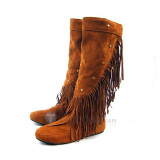 Top quality PU leather flat heel pumps top fold with lay fring side knee boots (D1072)