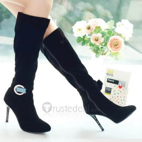Top quality nuback high heel pumps side zipper and bowknot with rhinestone knee boots (D1073)