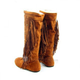 Top quality PU leather flat heel pumps top fold with lay fring side knee boots (D1072)