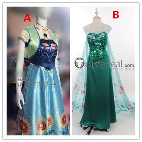 Frozen Fever Disney Princess Anna and Elsa Green and Blue Cosplay Costume