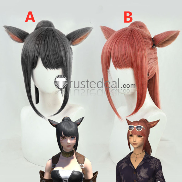 Final Fantasy XIV 14 Catgirl Red Black Brown White Cosplay Wigs Ponytail Ears