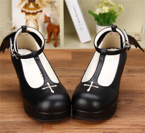 Angelic Imprint- Gothic T-shaped Straps Lolita Heels Shoes with Detachable Angel Wings