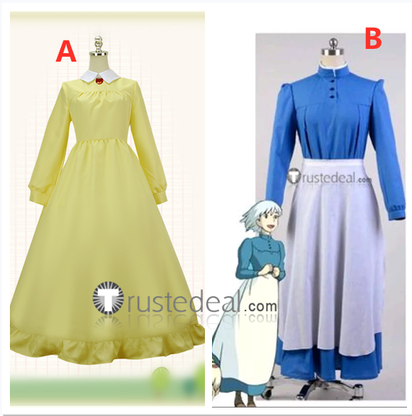 Howl's Moving Castle Sophie Hatter Blue Yellow Dress Cosplay Costumes