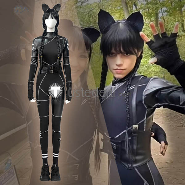 Wednesday Addams Poe Cup Race the Black Cat Uniform Bodysuit Cosplay Costume