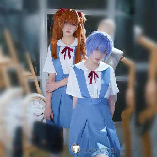 Neon Genesis Evangelion Asuka Rei Blue White School Girl Uniform Cosplay Costume 2