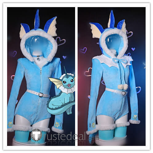 Gijinka Vaporeon Glaceon Blue Fluffy Jumpsuit Bunny Suit Cosplay Costume