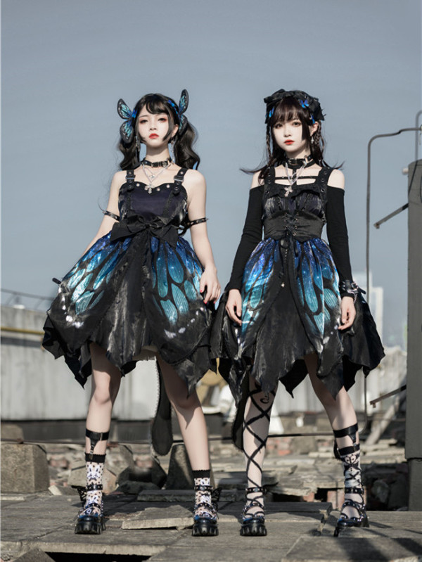 Butterfly Effect ~Punk Halloween Lolita High Waist JSK - Silver Gray Long Version M - In Stock