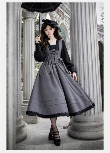 Withpuji Gray Black Fake Two Pieces Lolita Dress