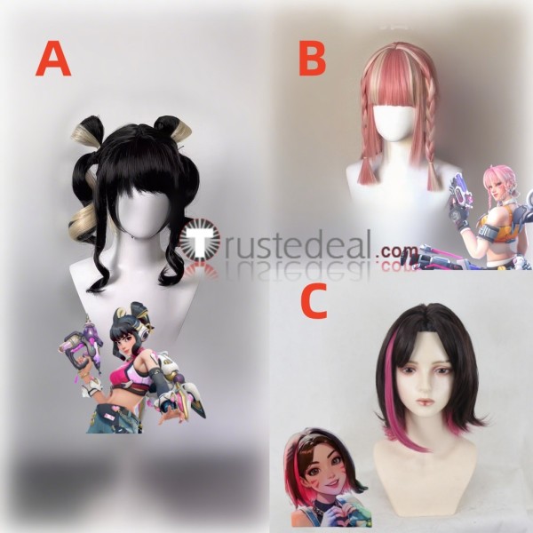 Overwatch LE SSERAFIM Mercy Juno DVA Blonde Pink Black Styled Cosplay Wig