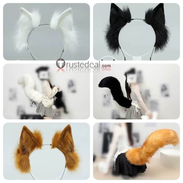 Anime Game Fox Brown Black White Blue Pink Red Purple Fluffy Tail Ears Cosplay Props Accessory
