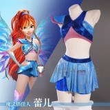 Winx Club The Magic is Back Bloom Flora Pink Flowers Blue Dress Cosplay Costume
