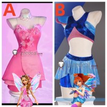 Winx Club The Magic is Back Flora Pink Flowers Blue Sequined Dress Cosplay Costumes