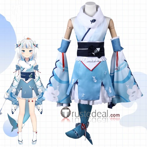 Vtuber Gawr Gura Shark New Year Kimono Blue Cosplay Costume
