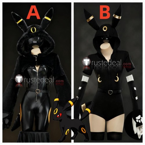 Pokemon Gijinka Umbreon Black Fluffy Hoodie Claw Bodysuit Cosplay Costume